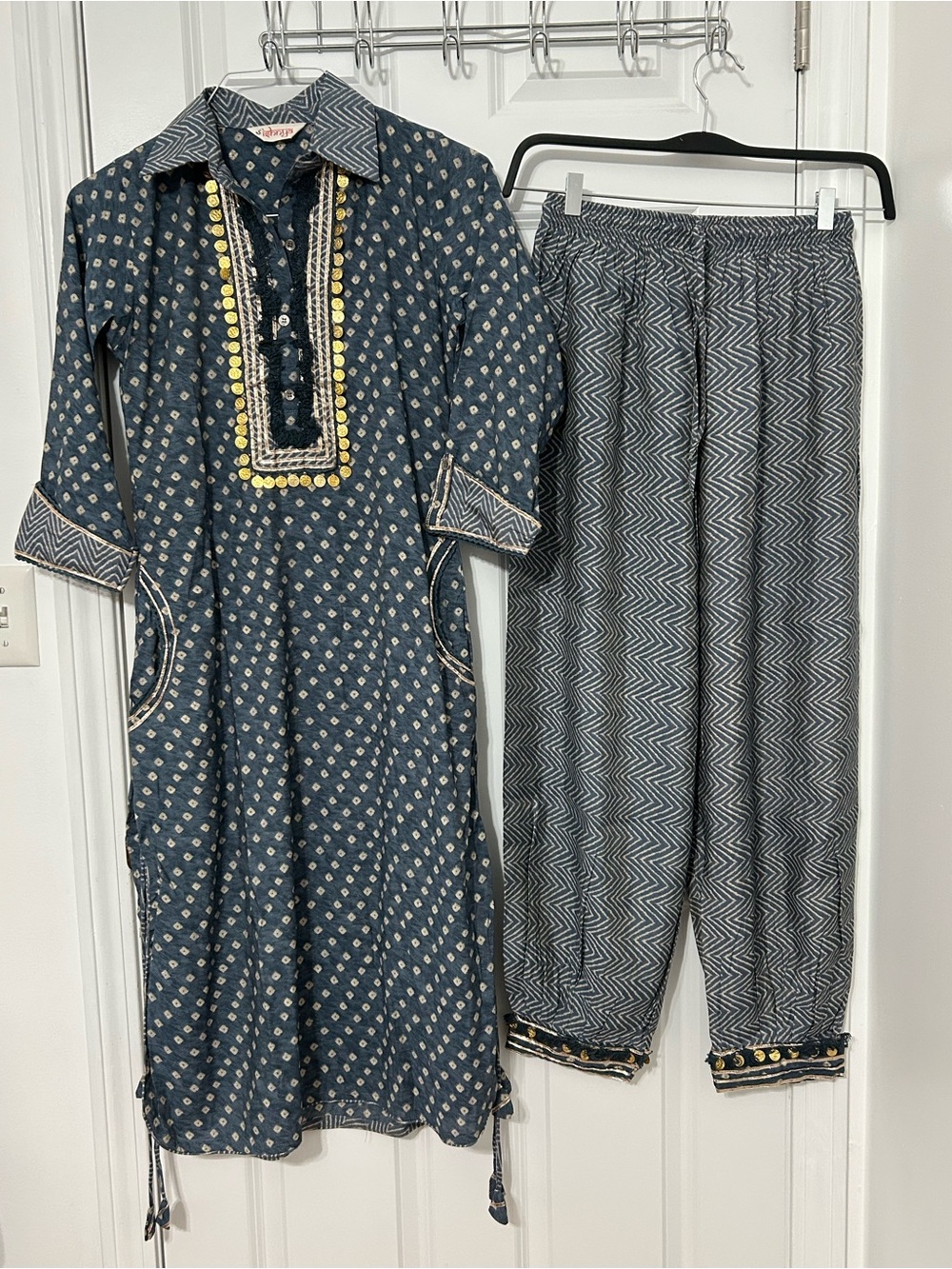 2 piece Indian Pakistani suit in white and blue with gold accent coins